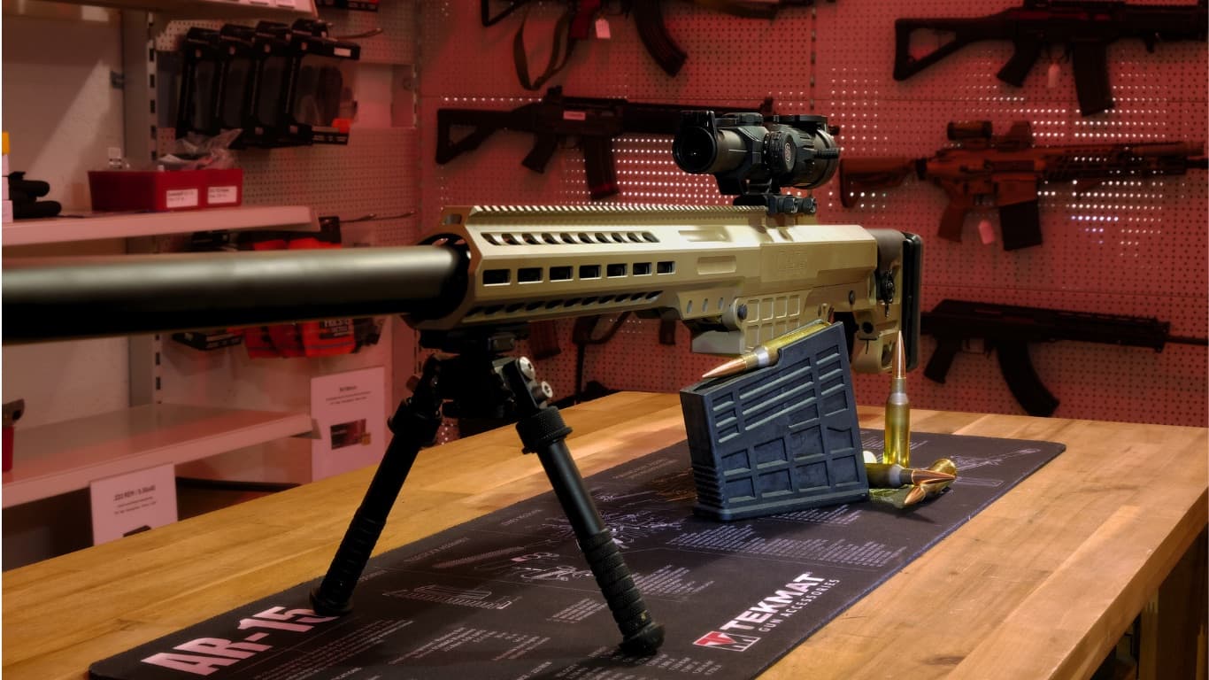 Präzisionsgewehr mit Zielfernrohr auf einer Werkbank vor der Waffenwand des Shops